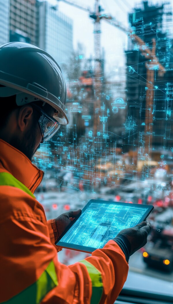 construction worker engaged with holographic graphics amidst bustling urban construction site