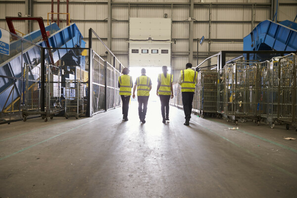 four colleagues reflective vests leaving warehouse