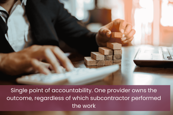 Single point of accountability. One provider owns the outcome, regardless of which subcontractor performed the work (1)