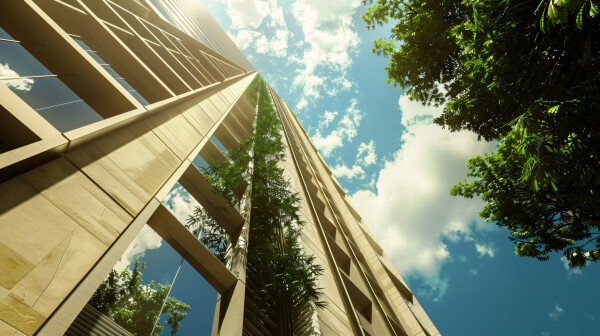 building with sky that has word trees it