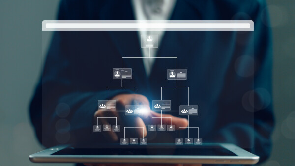 organization chart virtual interface screen business process workflow automation with flowchart hierarchical structure teams employees company